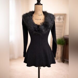 Venus Black Ribbed Cardigan with Faux Fur Collar – Size XL